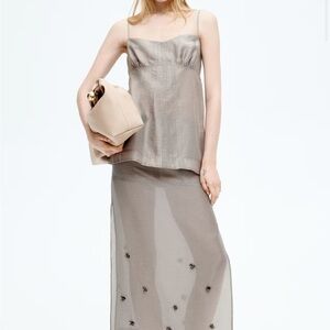 Sheer Embellished Top and Midi Skirt Set in Taupe